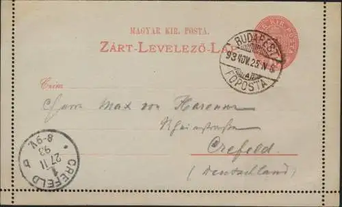 Ungarn Ganzsache Kartenbrief K4II postal stationery Budapest Foposta n. Krefeld