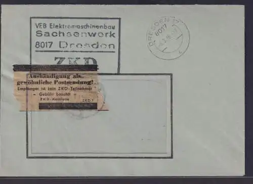 Postsache DDR Brief ZKD 7 K2 Dresden 17 8017 Aufkleber Aushändigung als