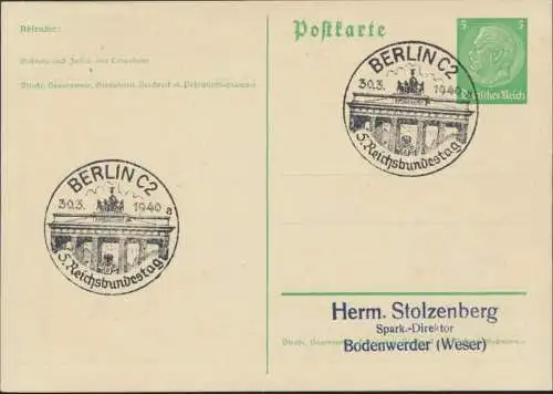 Deutsches Reich Ganzsache mit selt. SST Berlin 5. Reichsbundestag Brandenburger