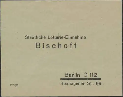 Bund Vordruck Brief Staatliche Lotterie-Einnahme Bischoff Berlin