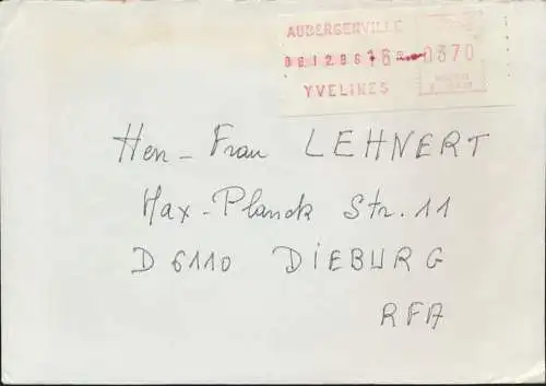 Frankreich Brief Absenderfreistempel Aubergenville Yvelines nach Dieburg
