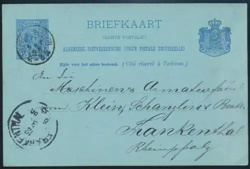 Niederlande Ganzsache P 20 via Bahnpost UTRECHT STATION nach Frankenthal 1895