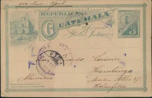 Guatemala Ganzsache 3c green Ansicht via New Orleans Hamburg postal stationery