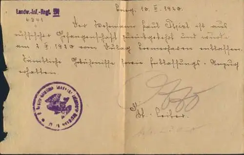 Zeitdokument 1. Weltkrieg Bestätigung Rückkehr Kriegsgefangenschaft u Entlassung