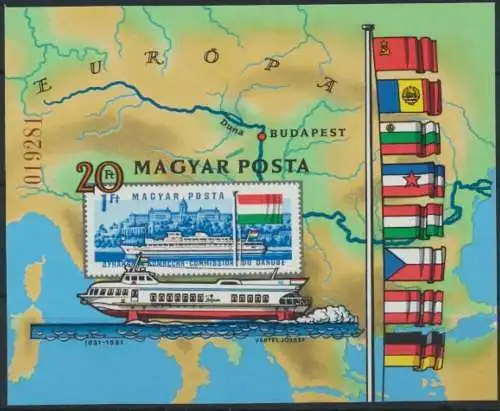 Ungarn Block 153 B Europäische Donaukommission Schiffe Flaggen Landkarte Kat25,-