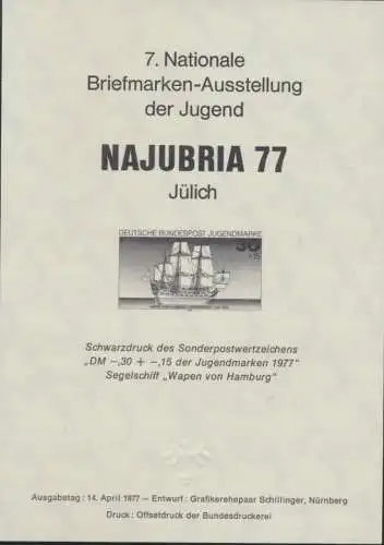 Bund Schwarzdruck 929 Segelschiff Wappen von Hamburg Najubria 77 Jülich Marine