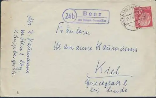 Bund Brief Landpost 185 Landpoststempel Benz über Malente-Gremsmühlen n. Kiel