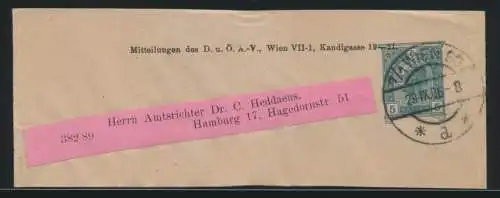 Österreich Privatganzsache Streifband Wien nach Hamburg 5 H. Franz Joseph Wien60