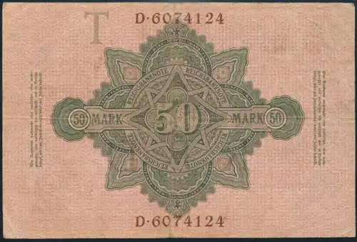 Deutsches Reich Geldschein Reichsbanknote 50 Mark KN 7-stellig III-IV R 25b