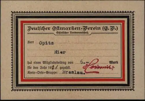 Heimat Karte Breslau Schlesien Deutscher Ostmarken Verein 1921 Mitgliedsausweis