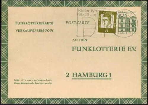 Bund Ganzsache FP 11 mit ZUF Werbestempel Kiel nach Hamburg 23.5.1966