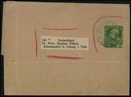 Österreichische Post in der Levante Streifband Kaiser 5c nach Ketschendorf