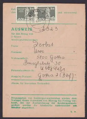 DDR Ostalgie Ausweis MEF 1 Mark Aufbau Bezug Sonderpostwertzeichen DDR Gotha