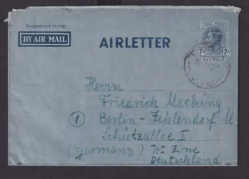 Flugpost Air Mail Australien Ganzsache Aerogramm 7d nach Berlin Zehlendorf
