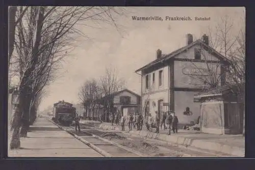 Ansichtskarte Warmeriville Frankreich Bahnhof Lokomotive Soldaten Feldpostkarte