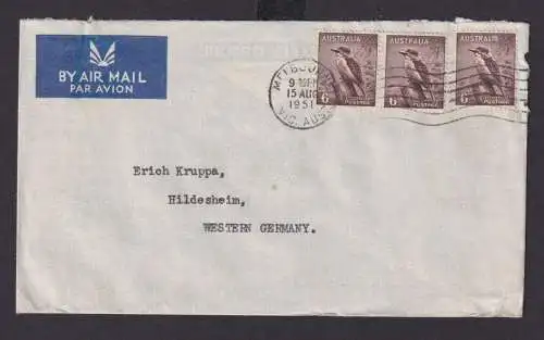 Australien Flugpost airmail MEF 6d Tiere Vögel Melbourne Hildesheim 15.8.1951