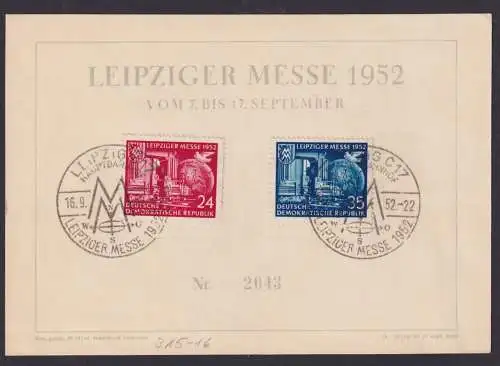 DDR 315-316 Leipzig Herbstmesse Gedenkblatt 1952 mit zwei sehr schönen Stempeln