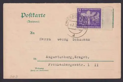 DDR Brief EF 303 Aufbauprogramm Berlin Zwickau nach Augustusburg Erzgebirge