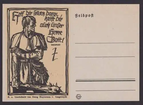 Postkarte Feldpost Blanko Künstler Linolschnitt Spruch Helf dir selber dann