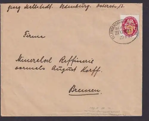 Bahnpost Deutsches Reich Brief EF Nothilfe Ellenserdamm Neuenburg Bremen Zug