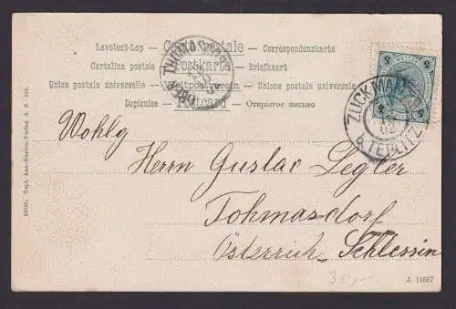 Ansichtskarte Teplitz Schönau ab Zuckmate Sudeten nach Thomasdorf Schlesien 1902