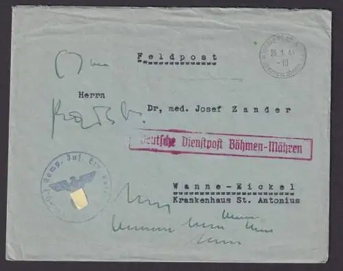 Böhmen Mähren Besetzung II.Weltkrieg Dienstpost Brief Prag Wanne Eickel Feldpost