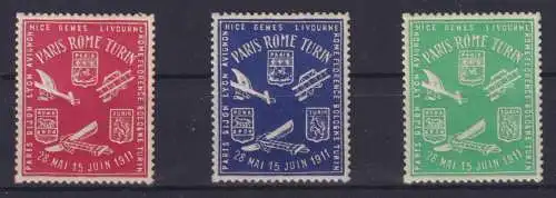 Flugpost Frankreich Vignetten Paris Rom Turin 1911 2x postfrisch 1x Falzrest