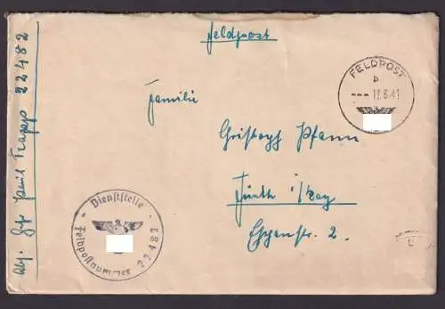 Deutsches Reich Brief Feldpost Nr. 22482 II. Weltkrieg Fürth Bayern plus Inhalt