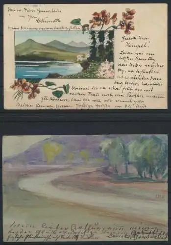 Lot von 4 handgemalten Original alten Künstler Ansichtskarten meist um 1905