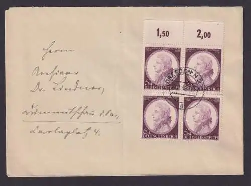 Plattenfehler Deutsches Reich Brief MEF 810 II Mozart Rand Viererblock Dresden