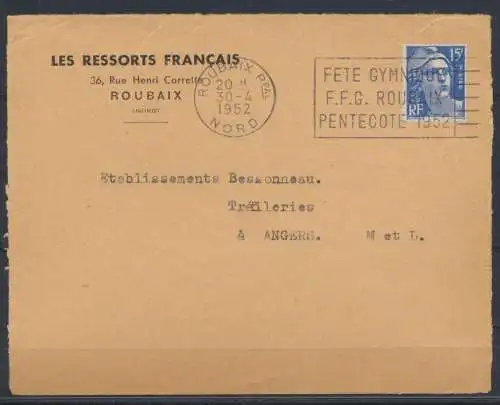 Sport Frankreich Brief SST Gymnastik Roubaix 1952 nach Trefileries