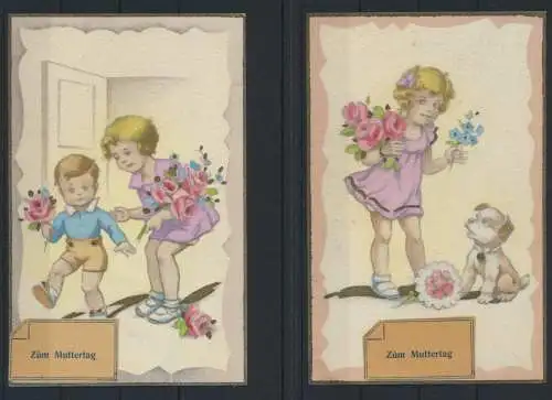 2 Künstler Ansichtskarten zu Muttertag Abb. Kinder Blumen Hund handcoloriert