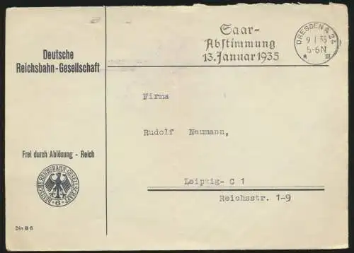Deutsches Reich Dienst Brief Reichsbahn Dresden Saarabstimmung Eisenbahn