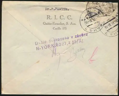 Ecuador Zensur Brief nach Bratislava Slowakei 24.11.1932