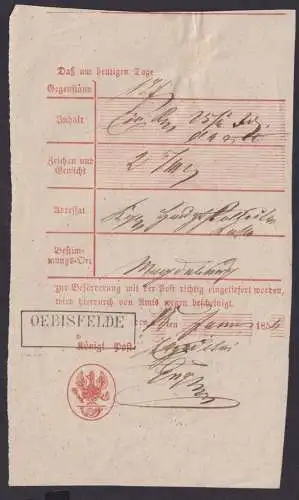 Altdeutschland R2 OEBISFELDE Sachsen-Anhalt Einlieferungsschein 1859