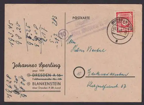 SBZ Landpoststempel Blankenstein über Dresden auf Postkarte EF 12 Pfg. 3.5.1946