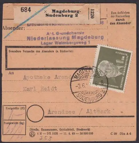 DDR Brief EF 253 Pieck Paketkarte Magdeburg Sudenburg nach Arendsee Altmark