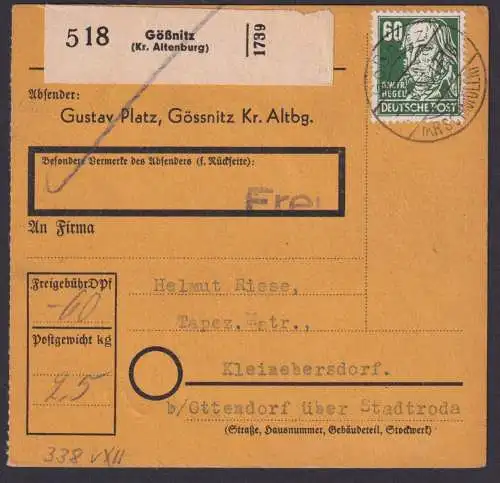 DDR Brief EF 60 Pfg. Persönlichkeiten 338 auf Paketkarte Gößnitz Altenburg 80,00