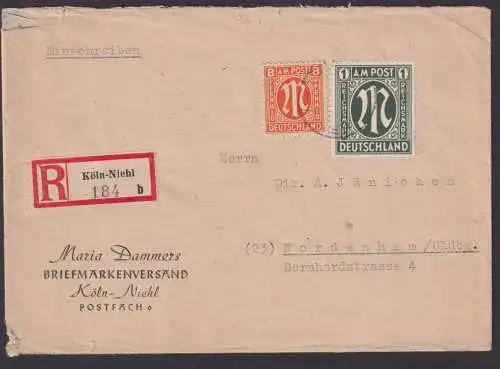 Bizone 35 BZ R Brief MIF Köln Niehl nach Nordenham 11.4.1946 Kat.-Wert 600,00