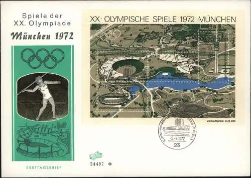 Bund Brief Block 7 Olympia München FDC tolle Abb Leichtathletik Sport Sperrwurf