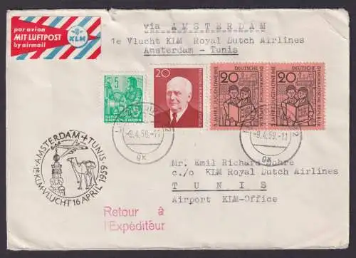 Flugpost Brief Air Mail KLM Amsterdam Tunis Zuleitung DDR Tunis Tunesien 1959