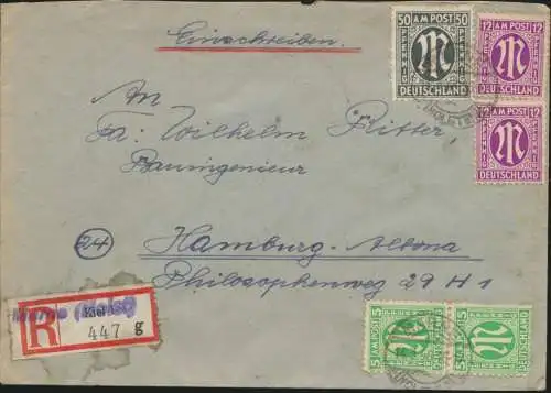 Bizone AM-Post R-Brief Kiel Behelfs-R-Zettel Marne MIF 32a AZ+12+15 b n. Hamburg