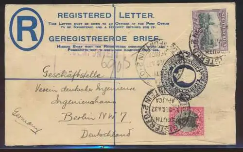 Südafrika Ganzsache 4p King Georg + ZuF nach Berlin Africa postal stationery