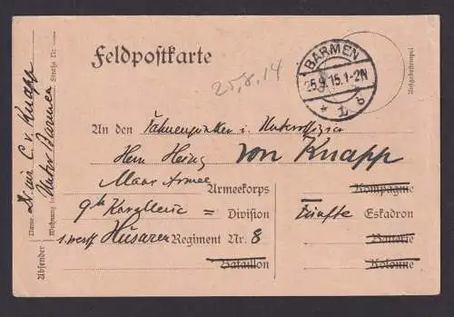 Deutsches Reich Feldpost Karte Barmen Maasarmee 9. Kavalerrie I. Weltkrieg