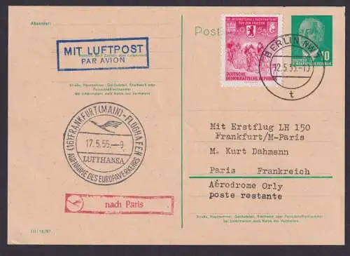 Flugpost Brief Air Mail DDR Ganzsache Pieck Zuleitung DDR Berlin Frankfurt nach