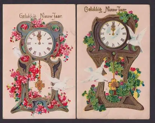 Ansichtskarte Lot Sammlung 2 Karten Jugendstil UhrenZierkarten m. Goldauflage