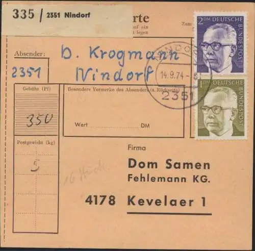 Bund Brief Paketkarte MIF Heinemann + Heckel Paketkarte Nindorf n. Kevelaer