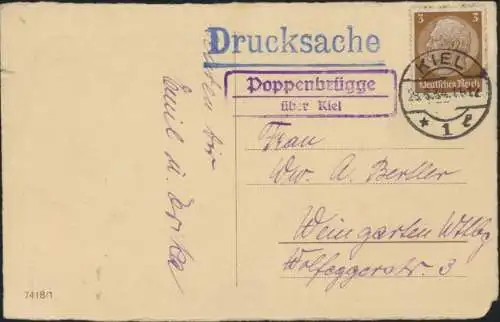 D. Reich Landpoststempel Poppenbrügge über Kiel nach Weingarten 29.3.1934 auf