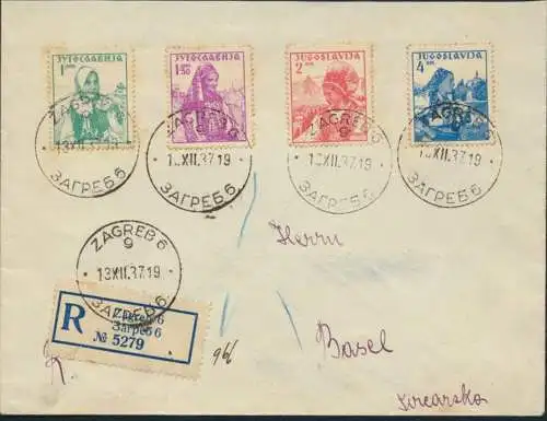 Jugoslawien R-Brief MIF Blockeinzelmarken 336-339 Zagreb nach Basel