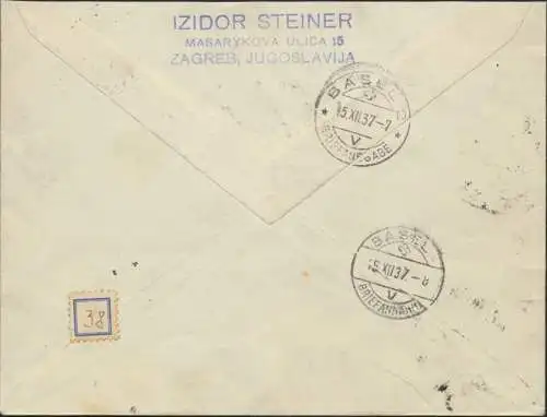 Jugoslawien R-Brief MIF Blockeinzelmarken 336-339 Zagreb nach Basel